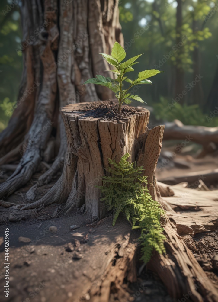 A tenacious young plant pushes through weathered stump , woodland, macro A tenacious young plant pushes through weathered stump , woodland, macro