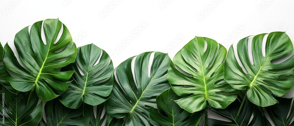 Lush Green Monstera Leaves Border on White Background Lush Green Monstera Leaves Border on White Background