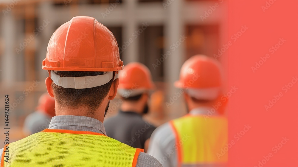 Chief engineer consult with team concept. Construction workers in hard hats observe a site, emphasizing safety and teamwork. Chief engineer consult with team concept. Construction workers in hard hats observe a site, emphasizing safety and teamwork.