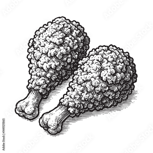 Crispy fried chicken drumsticks woodcut engraving vector illustration