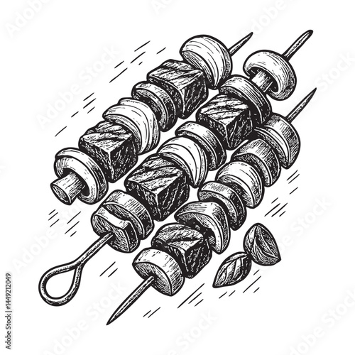 Grilled beef kebabs with vegetables woodcut engraving vector illustration