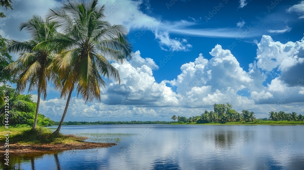 Two palm trees by a lake with a clear blue sky and fluffy white clouds. Two palm trees by a lake with a clear blue sky and fluffy white clouds.