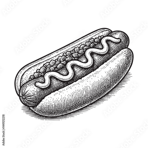 Hot dog with mustard and relish woodcut engraving vector illustration