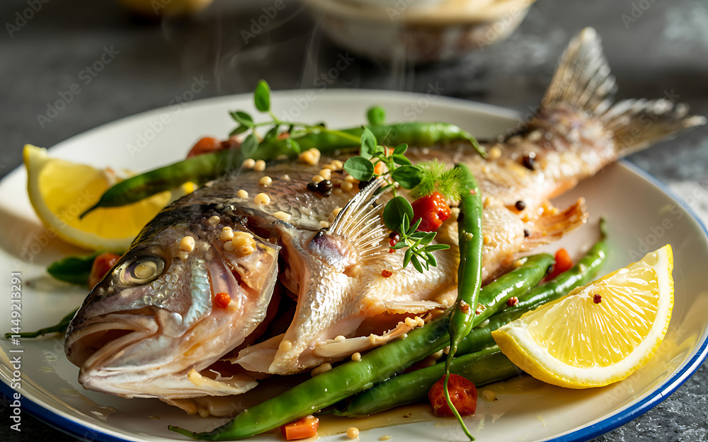 Whole cooked fish served with green beans, lemon, and herbs on plate in gourmet presentation Whole cooked fish served with green beans, lemon, and herbs on plate in gourmet presentation