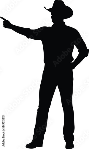 Silhouette reveals a standing cowboy in a hat pointing toward something in the distance