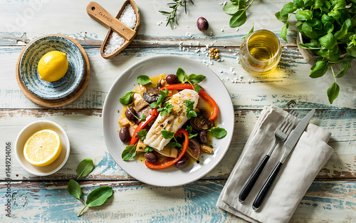 Mediterranean fish fillet with olives, herbs, and peppers on white plate over rustic wooden table