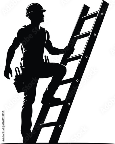 Construction Worker With Ladder silhouette Vector Illustration isolated on a white background