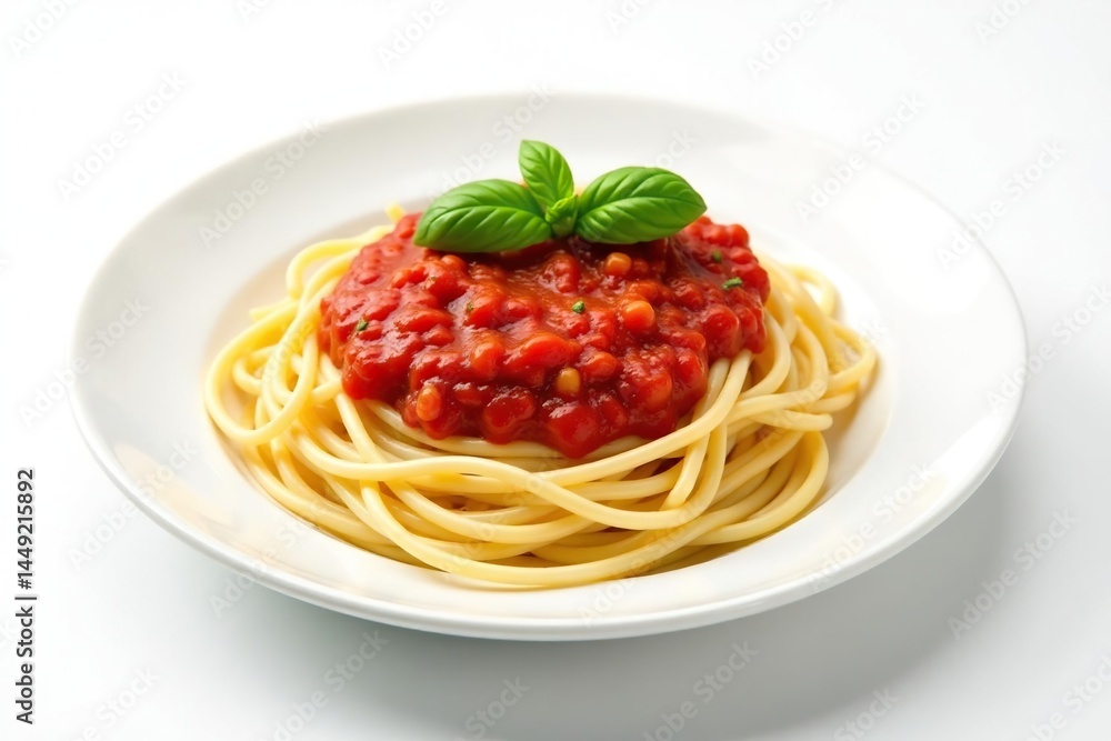 Plate of spaghetti with tomato sauce, basil sprig, white background , tomato sauce, recipe, comfort food Plate of spaghetti with tomato sauce, basil sprig, white background , tomato sauce, recipe, comfort food