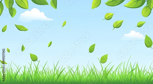 A cheerful springtime scene of leaves falling gently from trees above a field of vibrant grass.