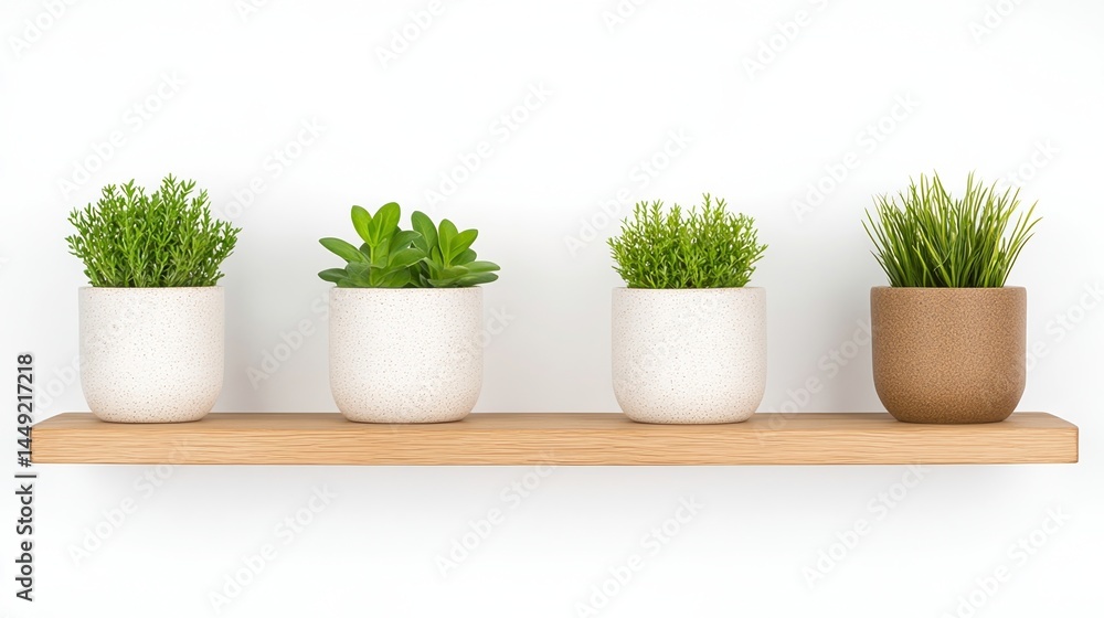 Fototapeta premium Four potted plants are neatly arranged on a wooden shelf against a plain white wall.