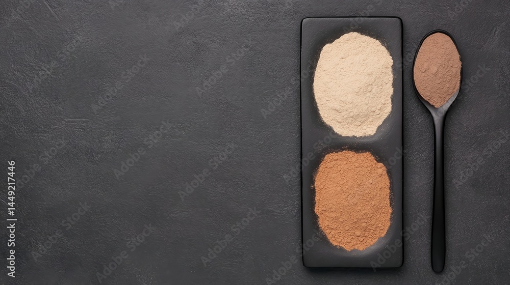 Fototapeta premium Two piles of powder, one light and one dark, are arranged on a black rectangular plate with a spoon of brown powder on a dark textured background.