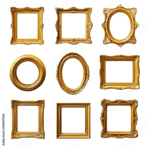 Elegant Collection of Gold Picture Frames on a white background.