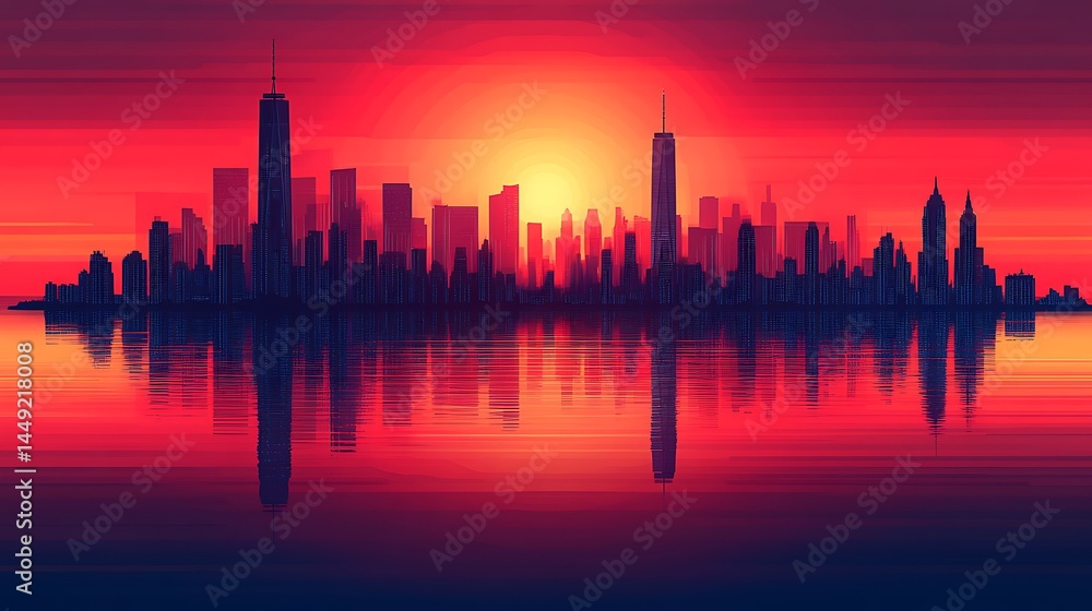 Cityscape reflecting during sunset over water Cityscape reflecting during sunset over water