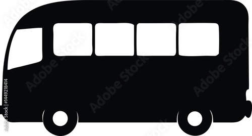 Solid black minibus silhouette exhibits minimalist style and automotive transportation theme against a white background