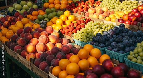 Portrait of a fruit stall at a farmers' market, colorful fruits stacked high, no people