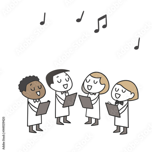 Cartoon choir singing joyfully against a white background  