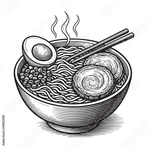 Japanese ramen bowl with pork woodcut engraving vector illustration