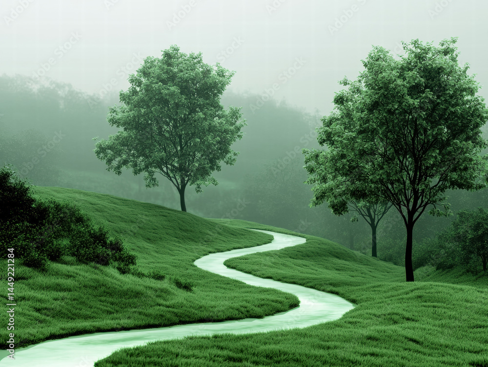 Fototapeta premium Serene landscape with winding river, green grass, lush trees, misty atmosphere, peaceful mood, nature scene