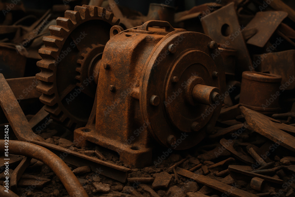 Rusty metal gears in abandoned industrial setting highlighting mechanical decay Rusty metal gears in abandoned industrial setting highlighting mechanical decay