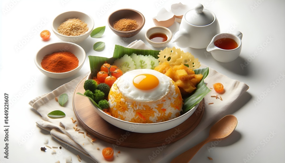 Nasi goreng with fried egg placed on clean background styled for commercial food mockup with soft lighting Nasi goreng with fried egg placed on clean background styled for commercial food mockup with soft lighting