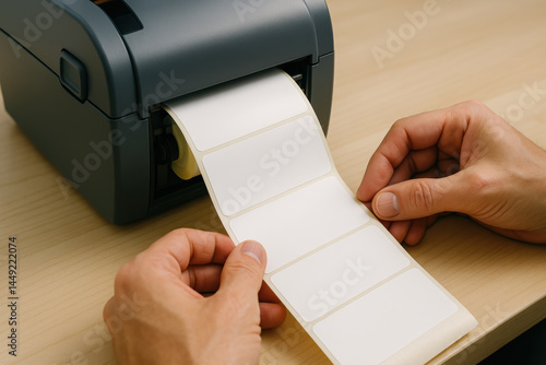 Hands preparing blank labels from printer on wooden desk photo