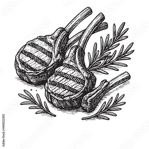 Grilled lamb chops with rosemary woodcut engraving vector illustration