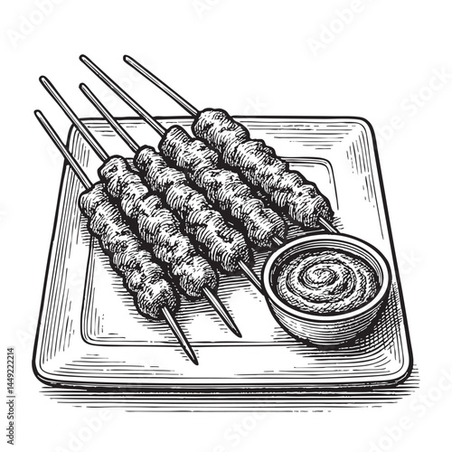 Chicken satay skewers with peanut sauce woodcut engraving vector illustration