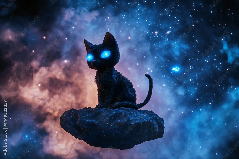 Fototapeta A 3D alien cat with three glowing eyes and a tail made of stardust, sitting on a floating rock in a nebula,  created by ai