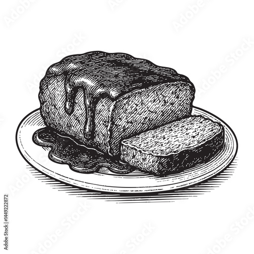 Meatloaf with brown gravy woodcut engraving vector illustration
