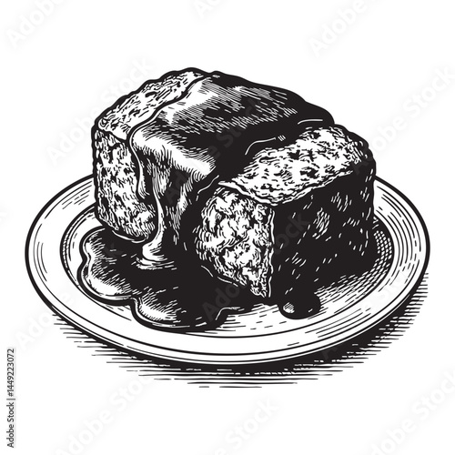Meatloaf with brown gravy woodcut engraving vector illustration