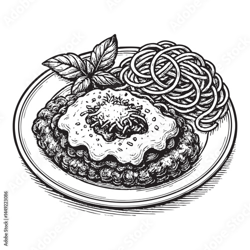 Chicken parmesan woodcut engraving vector illustration