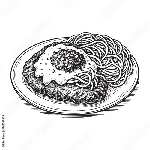 Chicken parmesan woodcut engraving vector illustration