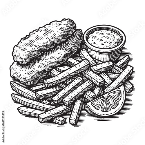 Fish and chips with tartar sauce woodcut engraving vector illustration
