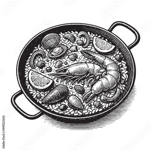 Seafood paella woodcut engraving vector illustration