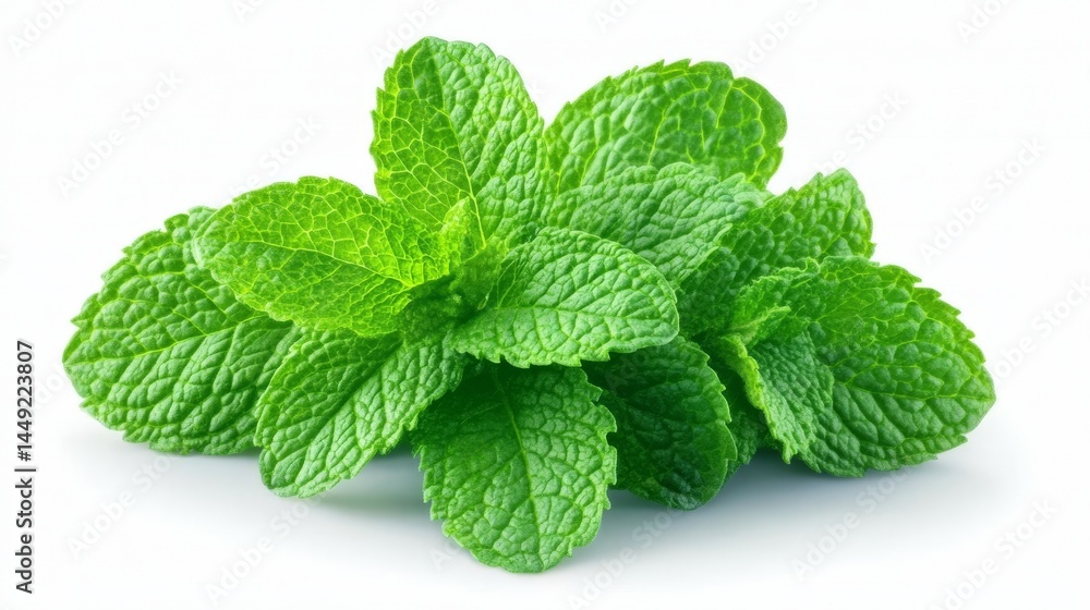 Fresh mint leaves on white background, a vibrant and refreshing image for culinary wellness inspiration Fresh mint leaves on white background, a vibrant and refreshing image for culinary wellness inspiration