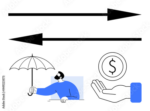 Opposing arrows alongside an umbrella-holding figure, hand offering a coin symbolizing protection, conflict, financial support. Ideal for risk management, savings, business, insurance, charity