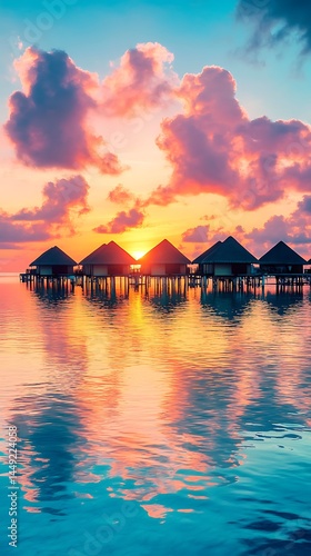 Beautiful sunset over the lake with wooden houses