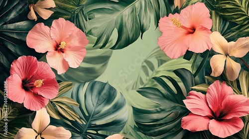 Wallpaper Mural Tropical leaves and large exotic flowers in a botanical frame for beauty, travel, and florist shops. Torontodigital.ca