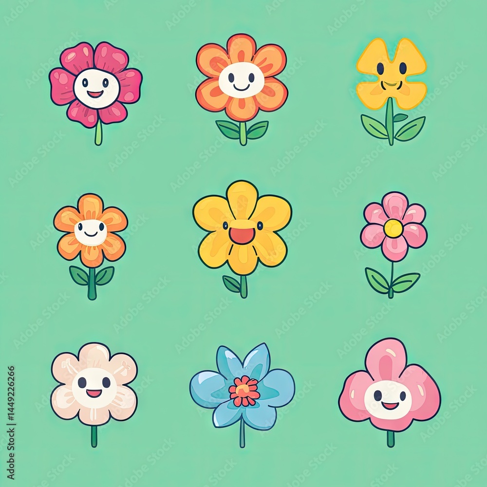 Fototapeta premium Cute cartoon flowers with happy faces in various colors.