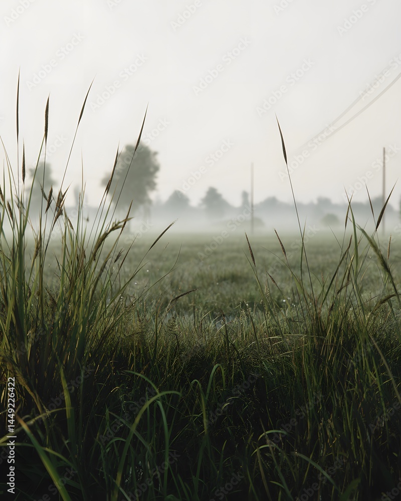 Naklejka premium Ethereal Morning Mist over a Soft Grass Field in Ultra Realistic Scene Capturing Nature's Tranquility
