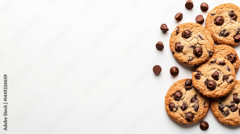 Delicious chocolate chip cookies on a pristine white background, tempting treat for every sweet tooth Delicious chocolate chip cookies on a pristine white background, tempting treat for every sweet tooth