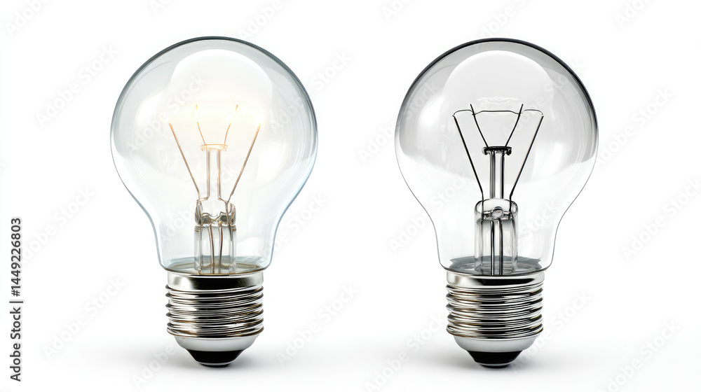 Two incandescent light bulbs, one lit, one unlit Two incandescent light bulbs, one lit, one unlit