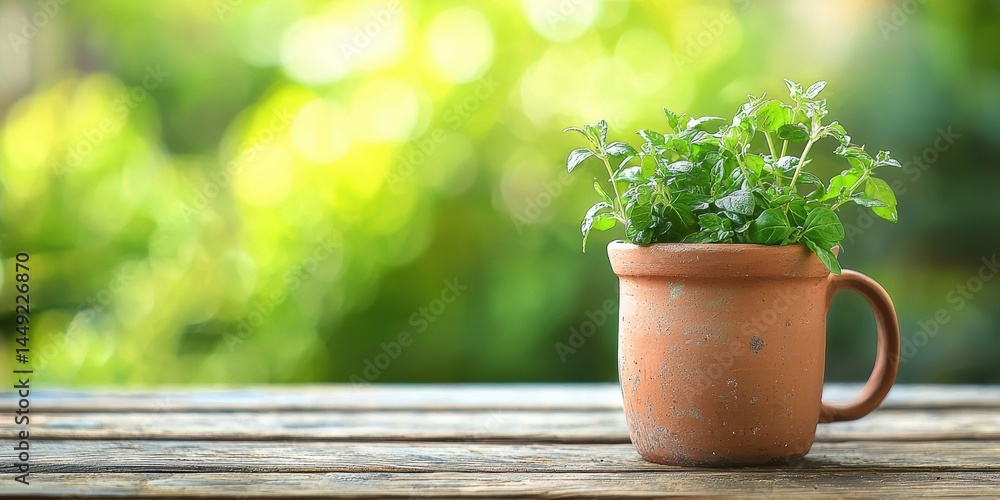 a small plant in a pot sitting on a wooden table outside a small plant in a pot sitting on a wooden table outside