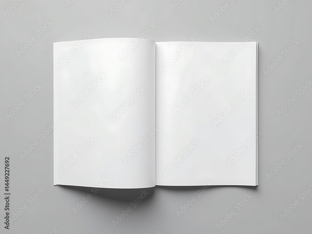 An Open Book With Blank White Pages Lies Flat On A Light Grey Surface, Ready For Writing Or Displaying Content, Publication Mockup An Open Book With Blank White Pages Lies Flat On A Light Grey Surface, Ready For Writing Or Displaying Content, Publication Mockup