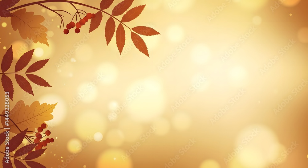 Autumn Leaves and Berries on Golden Bokeh Background for Seasonal Designs Autumn Leaves and Berries on Golden Bokeh Background for Seasonal Designs