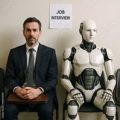 An ai robot and a human waiting to face a job interview