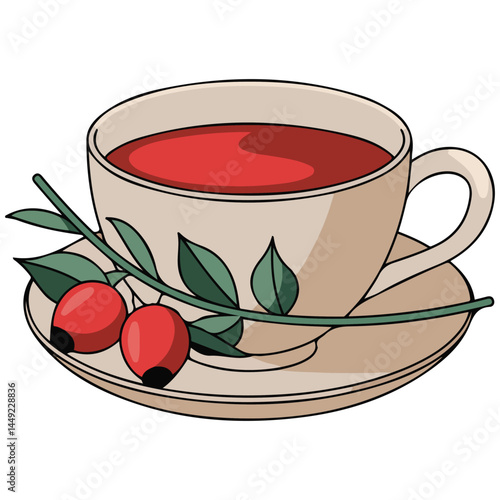 Rosehip herbal tea in white cup isolated vector illustration on white background