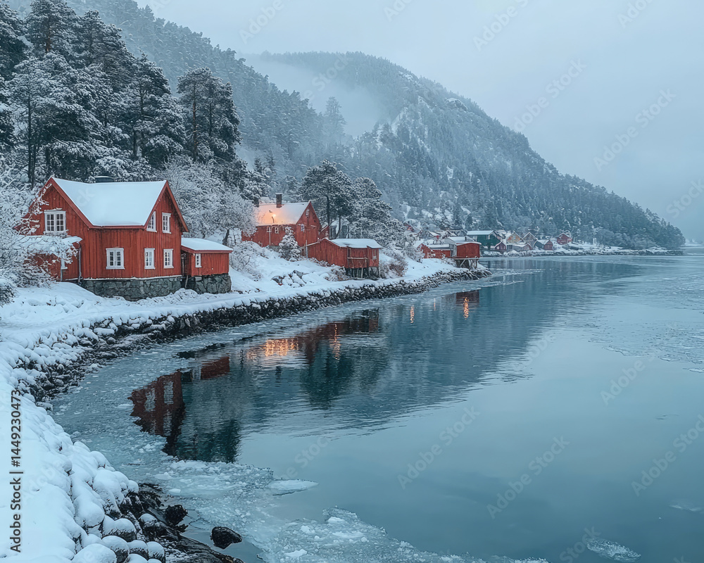 Fototapeta premium Snowy winter scene of red houses by a fjord. Tranquil waterfront village nestled amidst snowy mountains, reflecting in the calm water
