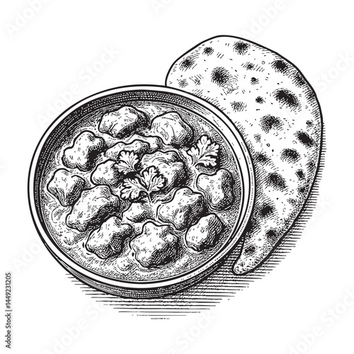 Indian butter chicken with naan woodcut engraving vector illustration