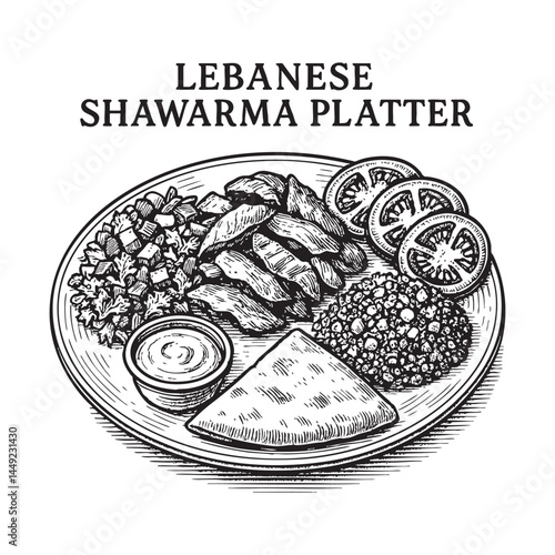 Lebanese shawarma platter woodcut engraving vector illustration